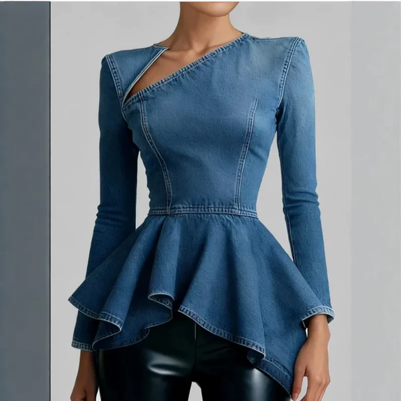 Women's Commute Denim Jacket Coat with V Neck and Regular Long Sleeves, Made from Durable Polyester Fabric