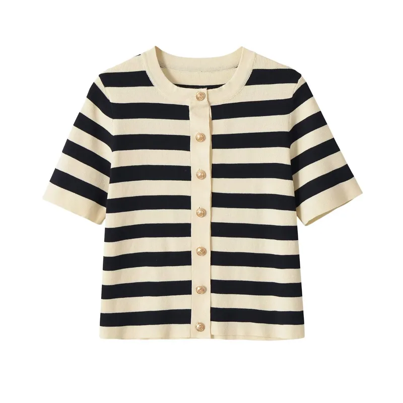 Casual Stripe Knit Short Sleeve Top for Women with Knitted Fabric and Placket Detail