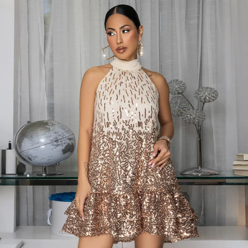 Sexy Sleeveless Solid Color Sequin Dress with Round Neck in Polyester for Casual Wear