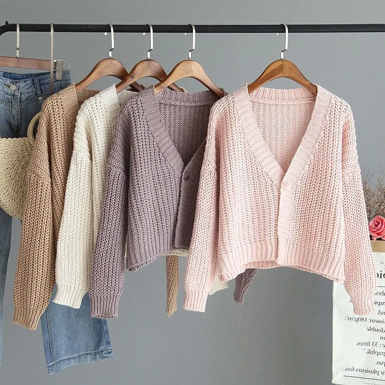 Vintage Style Solid Color Rayon Sweater with Long Sleeves, Knitted Craft, and Single Breasted Design