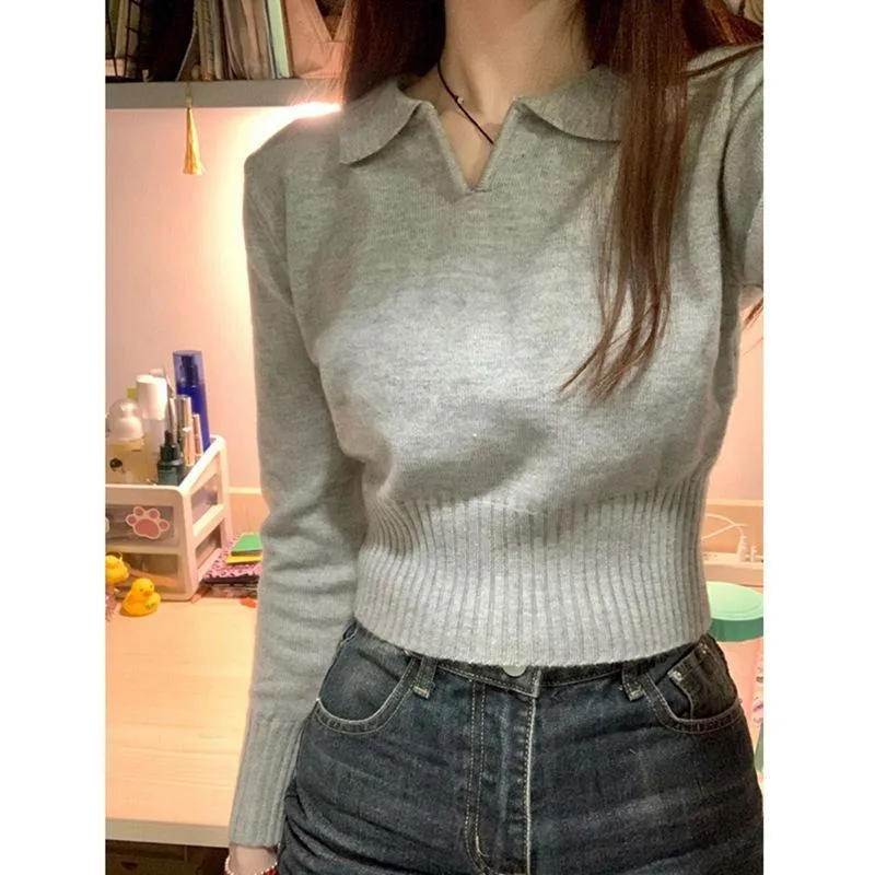 Women's Slim Fit Dark Grey Solid Long Sleeve Viscose Pullover Sweater with Shirt Collar for Business Commute