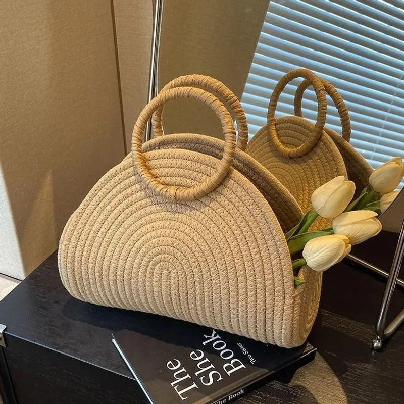 Women’s Straw Pillow Shape Handbag with Braid Detail and Ring Handle, Large Capacity
