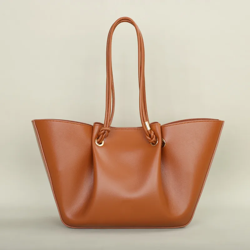 Genuine Leather Women’s Square Tote Bag with Sewing Thread Detail and Top Handle, Featuring Elegant Folds Design
