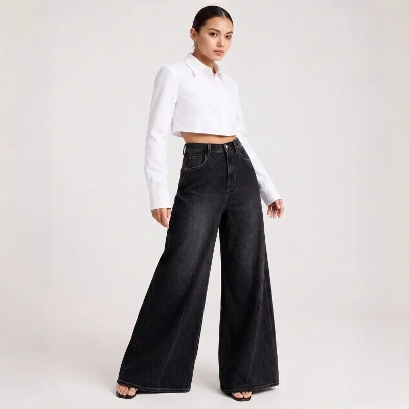 Streetwear Wide Leg Full Length Pants for Women in Loose Fit with High Waist, Made of Stretchy Denim Cotton