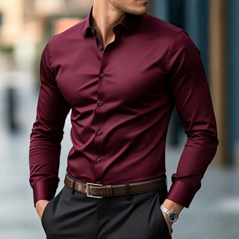 Solid Color Business Long Sleeve Blouse for Men in 4-Way Stretch Fabric, Summer Shirt