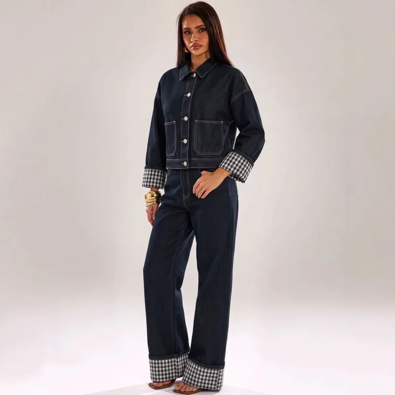 Plaid Denim Pant Co-ord Set with Vintage Style Washed Coat featuring Lapel Collar, 2 Pieces Set