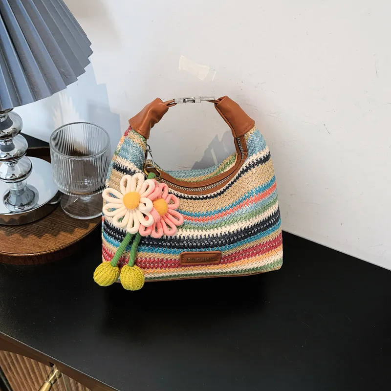 Rainbow Straw Bucket Bag for Women with Braid Detail, Perfect Summer Shoulder Bag