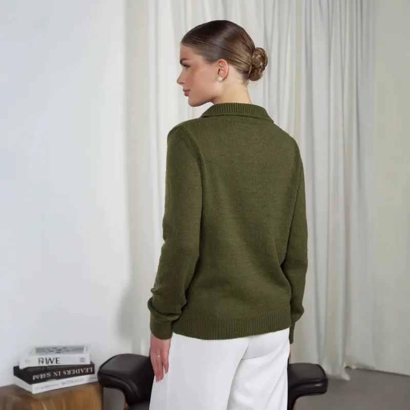 Solid Color Long Sleeve Knit Sweater with Shirt Collar Featuring Knitted Craft and Pullover Design