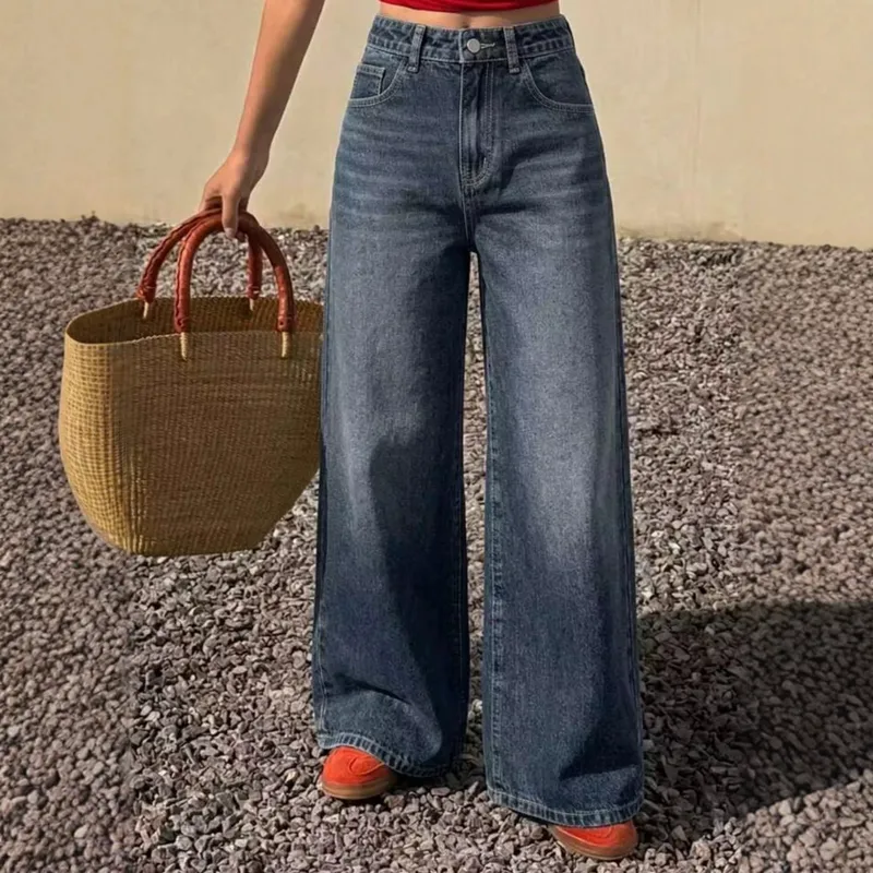 Streetwear Wide Leg Full Length Pants for Women in Denim Cotton, Inelastic, Perfect for Autumn Street Style