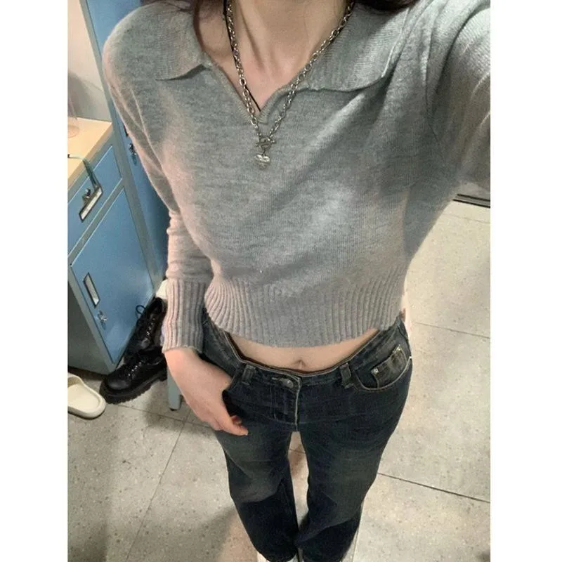 Women's Slim Fit Dark Grey Solid Long Sleeve Viscose Pullover Sweater with Shirt Collar for Business Commute