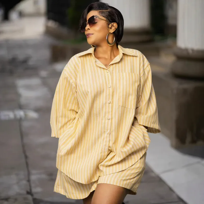 Casual Stripe Shorts Co-ord Set in Polyester Featuring Regular Sleeve Style for Everyday Wear