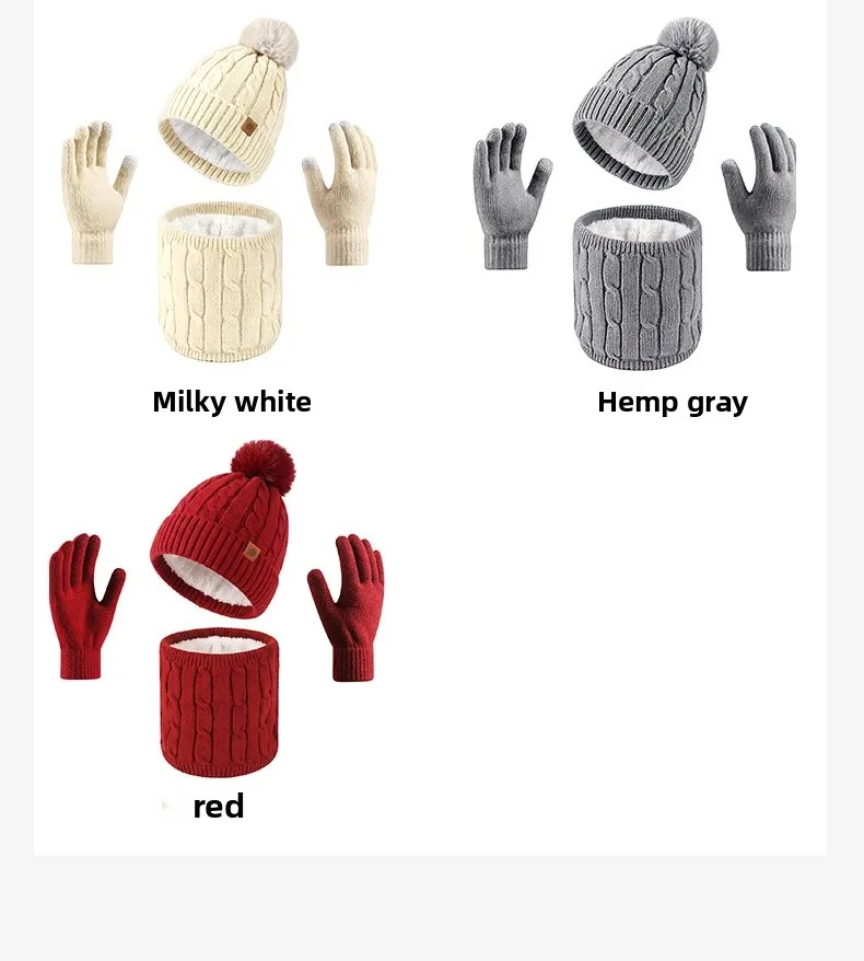 Original Design Solid Color Wool Cap for Women, 3 Pieces Set in Acrylic, Knitted Style