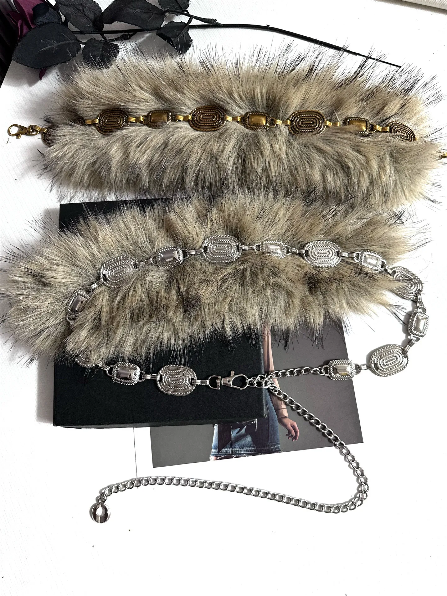 Fuzzy Ball Waist Chain Belt in Silver Metal with Alloy Buckle
