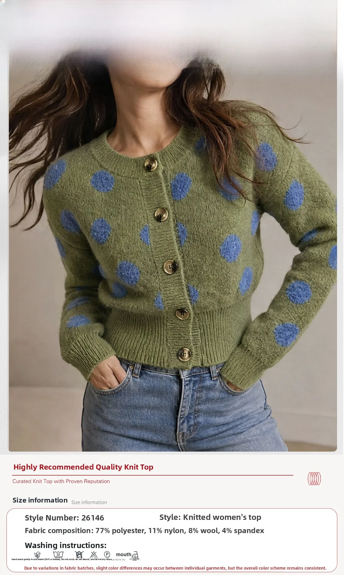 Vintage Style Polka Dots Sweater with Long Sleeve, Round Neck, Knitted in Imitation Mink Fleece