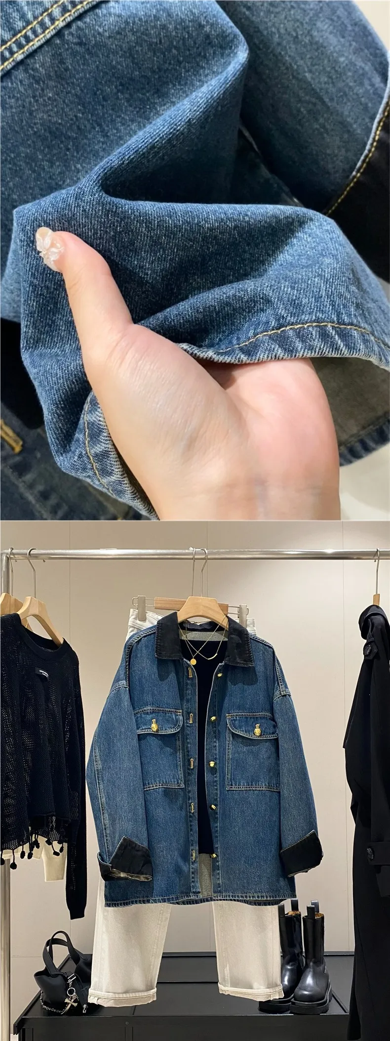 Casual Denim Jacket for Women with Shirt Collar and Drop Long Sleeves, Made with Elastane Fabric, Perfect for Autumn
