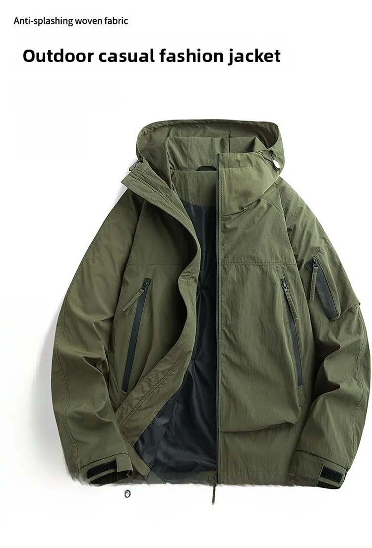 Men's Solid Color Outdoor Jacket with Zipper Placket in Dyed Black, Made of Durable Nylon Fabric