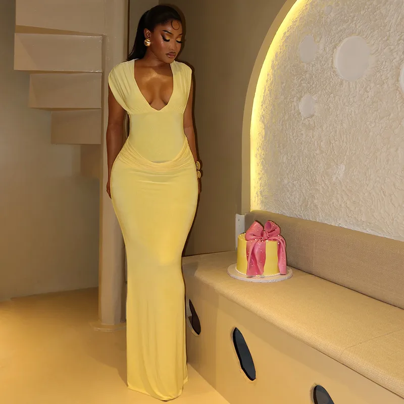 Solid Color Sleeveless V Neck Bodycon Dress in Polyester for Business and Streetwear