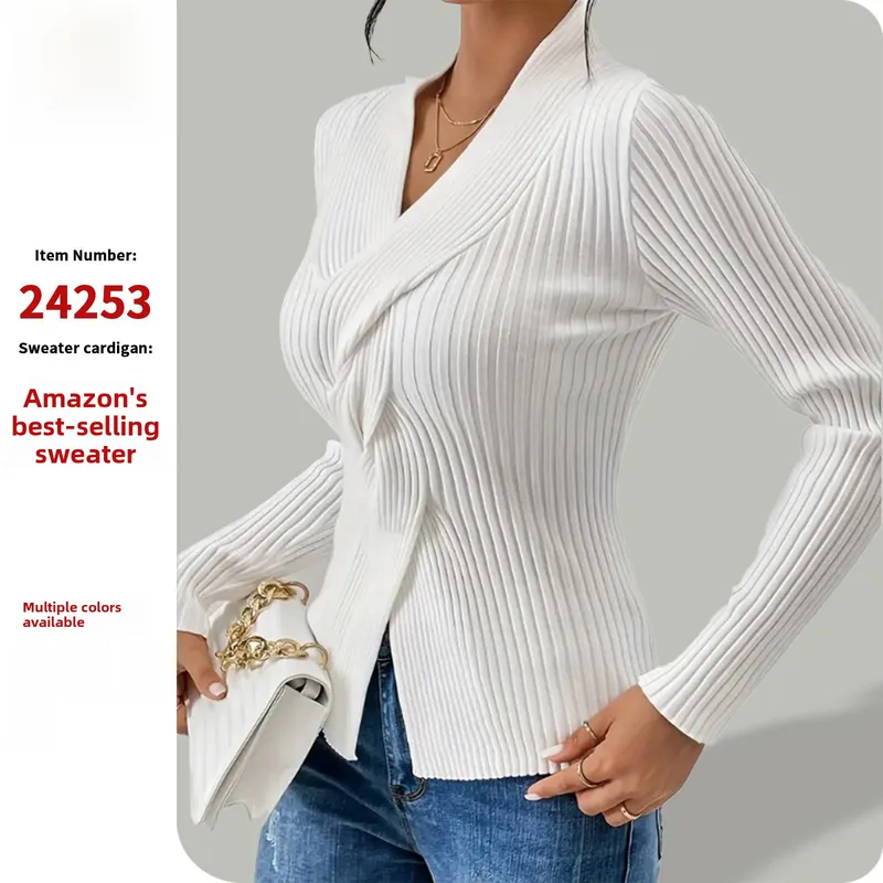 Elegant Solid Color Long Sleeve Knit Pullover for Women Featuring Rib-Knit Craftsmanship