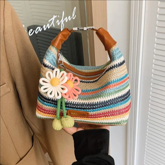 Rainbow Straw Bucket Bag for Women with Braid Detail, Perfect Summer Shoulder Bag