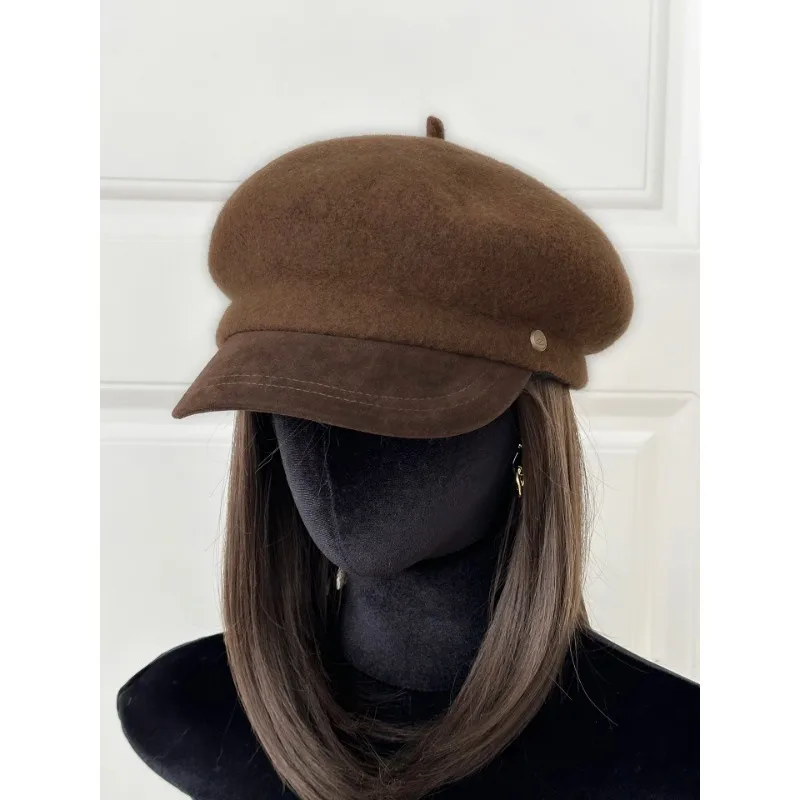 Solid Color Warm Newsboy Cap for Adults with Curved Brim in Simple Style, Made of Wool