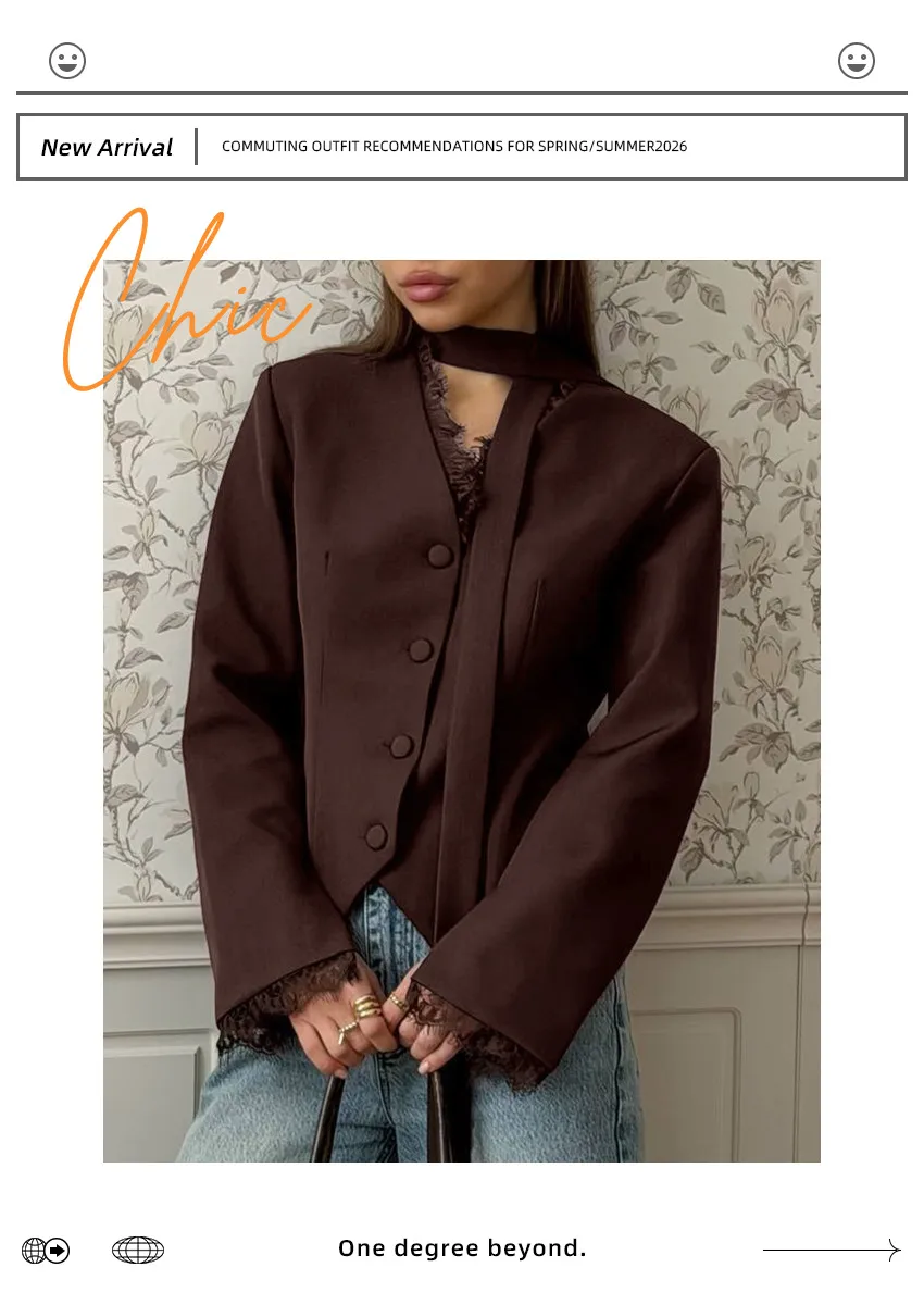 Elegant Lace Long Sleeve Polyester Blazer with Single Breasted Closure