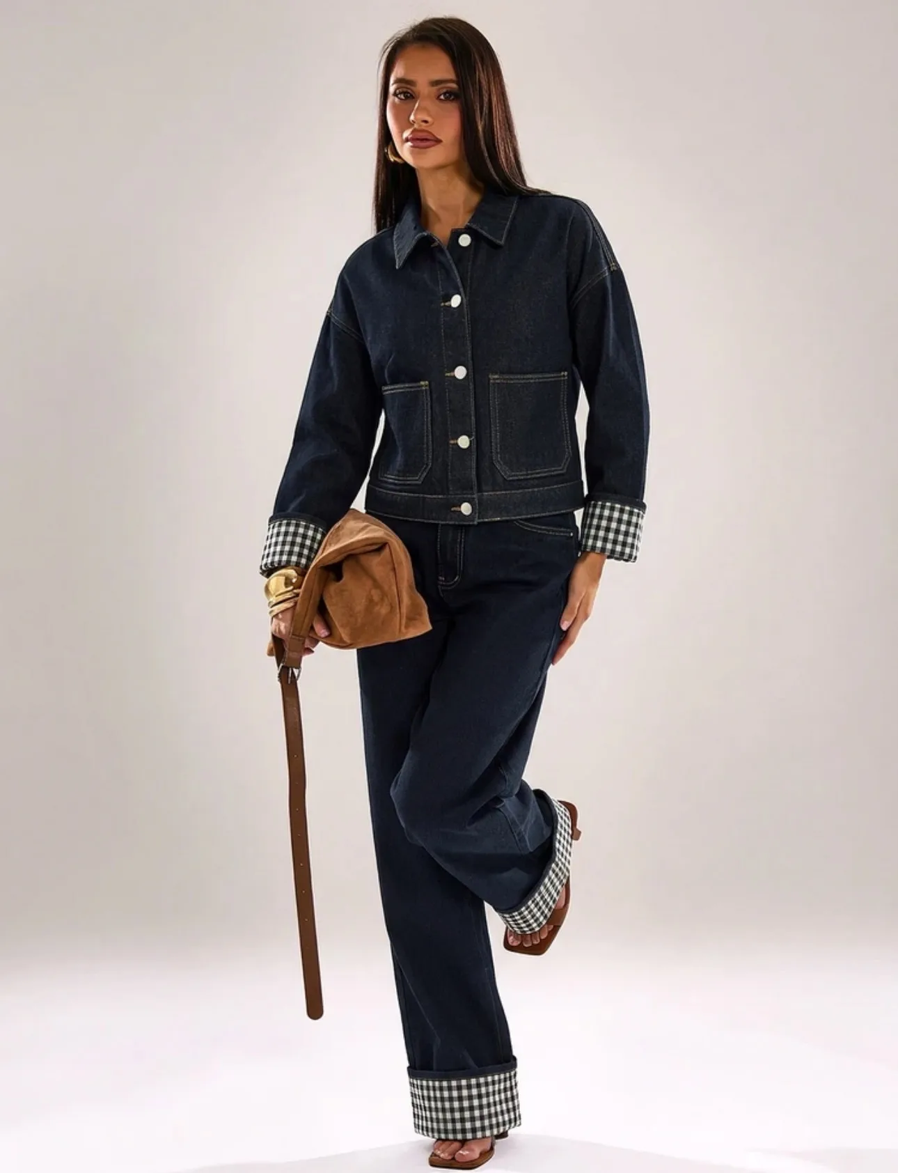 Plaid Denim Pant Co-ord Set with Vintage Style Washed Coat featuring Lapel Collar, 2 Pieces Set