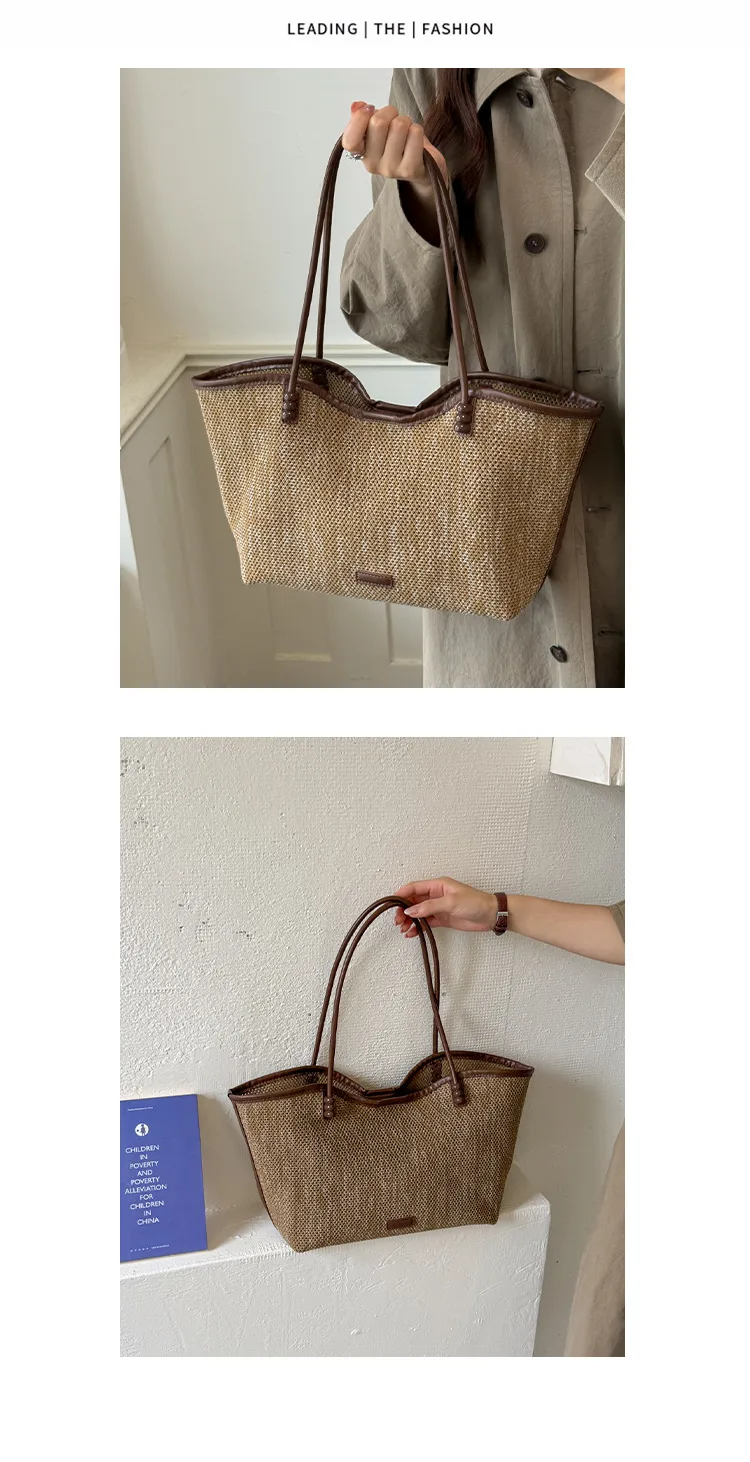 Solid Color Square Straw Tote Bag for Women with Braid Detail and Single Shoulder Strap
