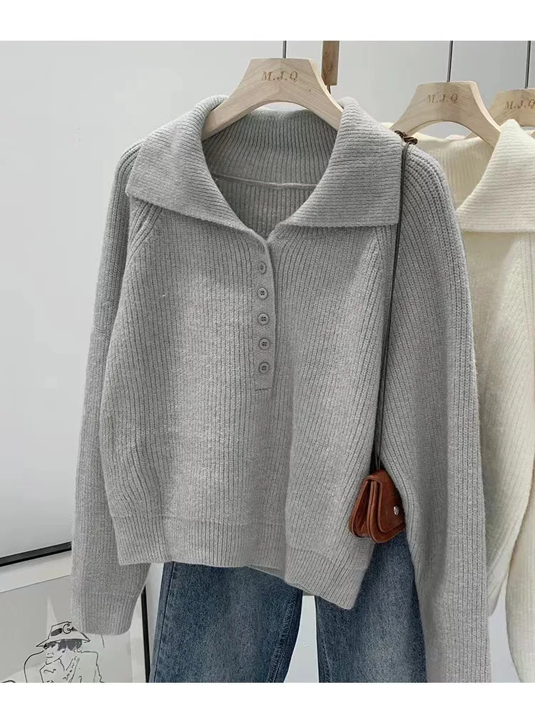 Loose Solid Color Long Sleeve Polyester Women's Pullover Sweater with Button Detail
