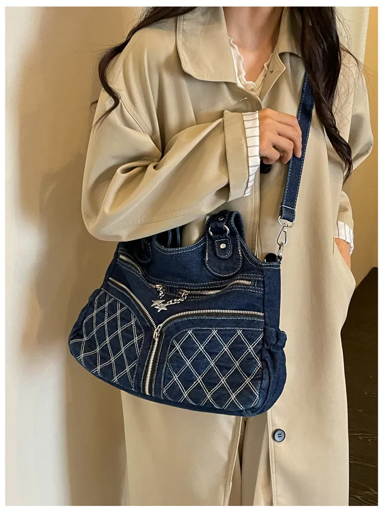 Women’s Solid Color Denim Tote Bag in Square Shape with Single Shoulder Strap and Spacious Capacity