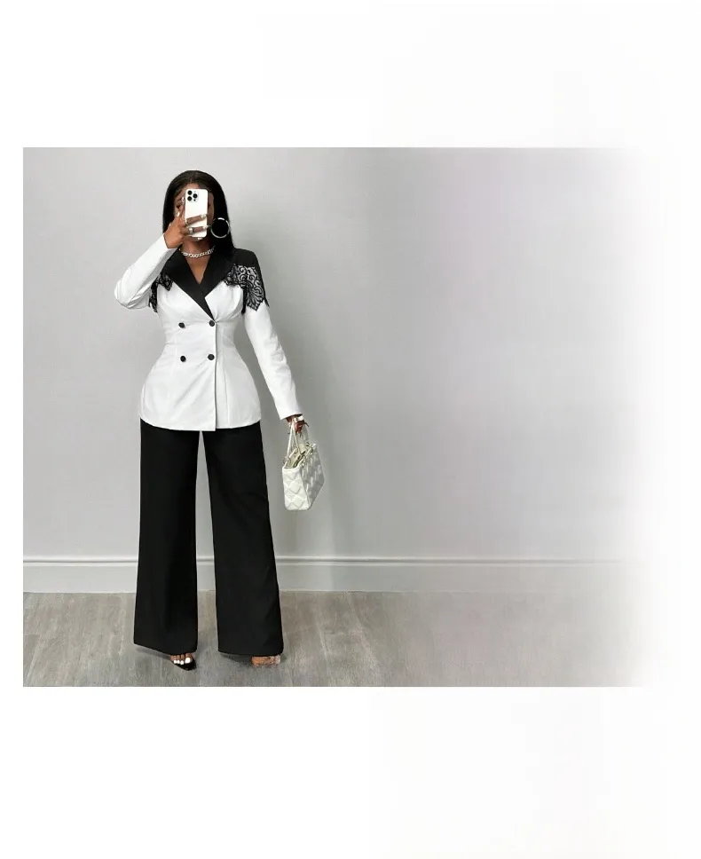 Elegant Solid Color Long Sleeve Polyester Blazer with Lace Craft and Single Breasted Closure