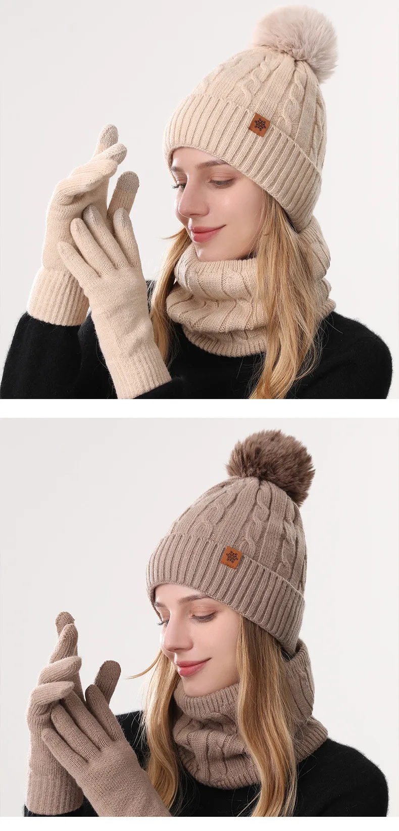 Original Design Solid Color Wool Cap for Women, 3 Pieces Set in Acrylic, Knitted Style