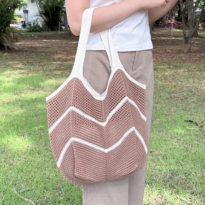 Women’s Splicing Shell Pattern Knit Tote Bag with Braid Design and Single Shoulder Strap