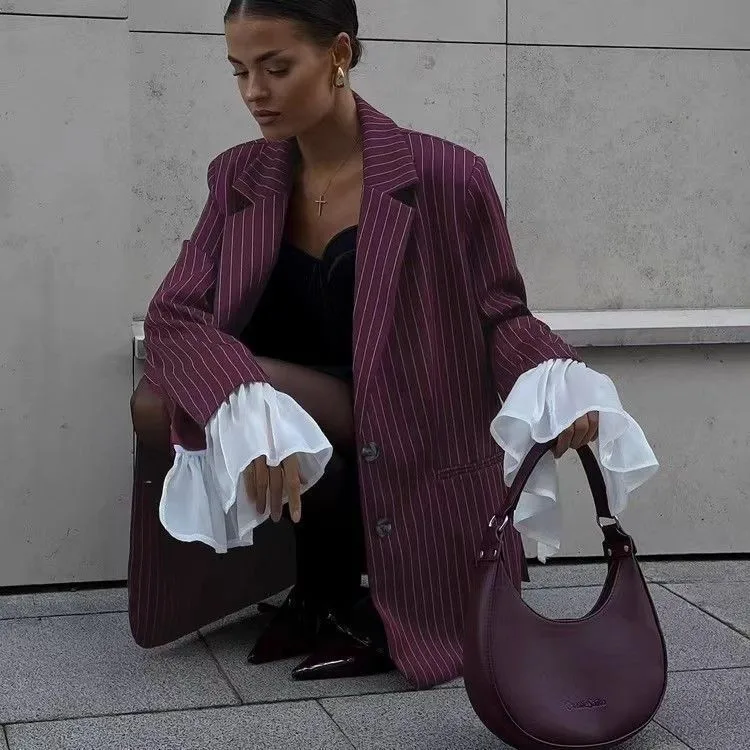 Casual Long Sleeve Polyester Blazer Featuring Stripe Printing with Single Breasted Closure