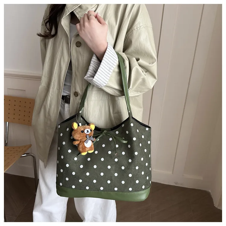 Women’s Suede Polka Dots Tote Bag with Sewing Thread Detail, Single Shoulder Strap, Perfect for Autumn
