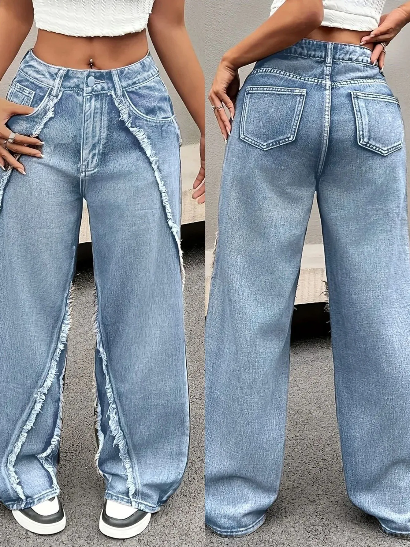 Vintage Style Wide Leg Full Length Pants for Women in Denim Cotton Fabric with Washed Craft, Micro-Elastic, Spring and Summer
