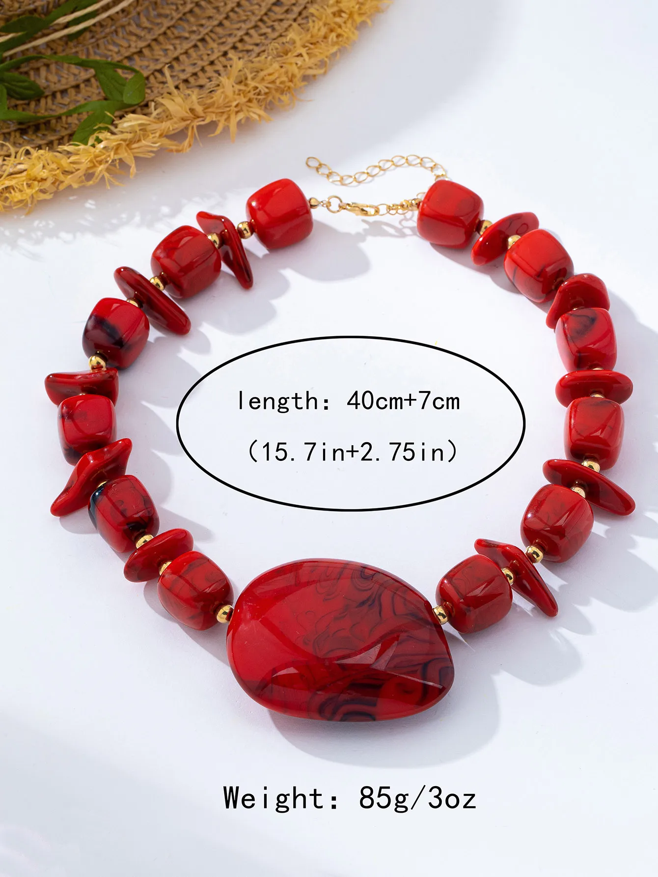 Bohemian Irregular Red Acrylic Beaded Chain Necklace for Women Featuring Unique Beading Craft size guide