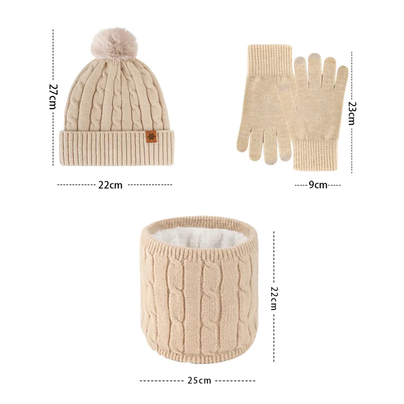 Original Design Solid Color Wool Cap for Women, 3 Pieces Set in Acrylic, Knitted Style size guide