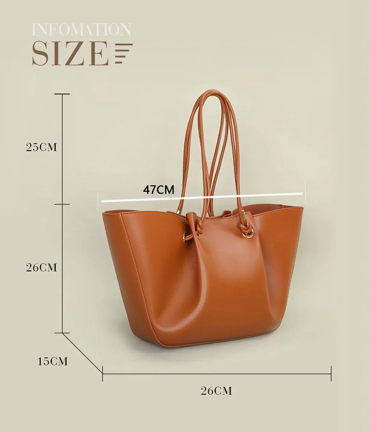 Genuine Leather Women’s Square Tote Bag with Sewing Thread Detail and Top Handle, Featuring Elegant Folds Design size guide