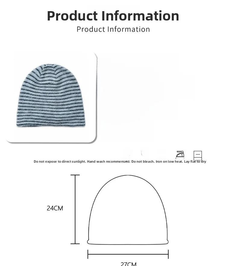 New Style Warm Stripe Wool Cap for Women, Brimless Design in Soft Acrylic Material size guide