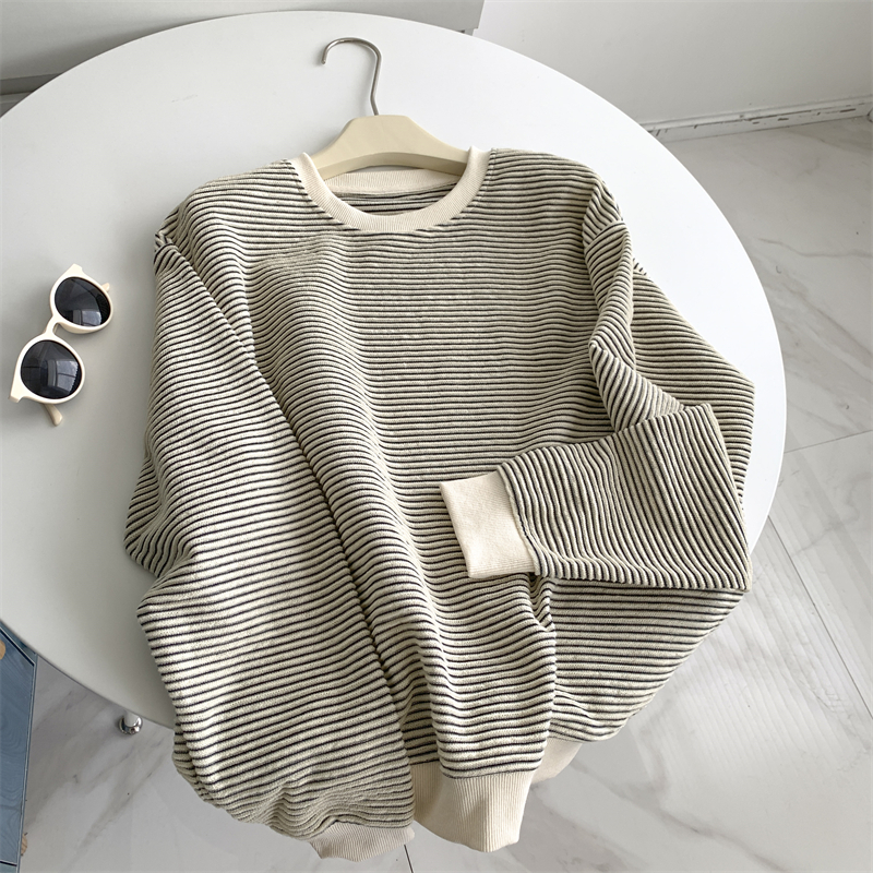 Women's Textured Stripe Shirt Round Neck New Style Student Jacket Sweatshirt