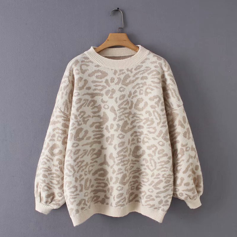 Leopard Print Lantern Sleeve Knitted Sweater