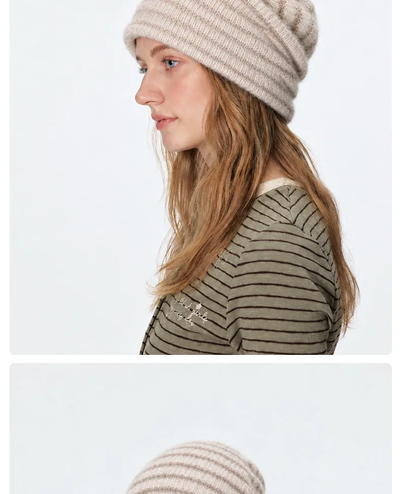 New Style Warm Stripe Wool Cap for Women, Brimless Design in Soft Acrylic Material