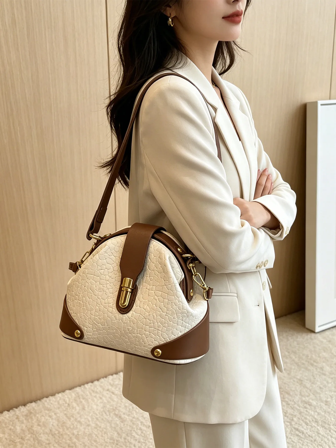 Color Block PU Leather Shell Crossbody Bag for Women with Sewing Thread Detail and Single Shoulder Strap