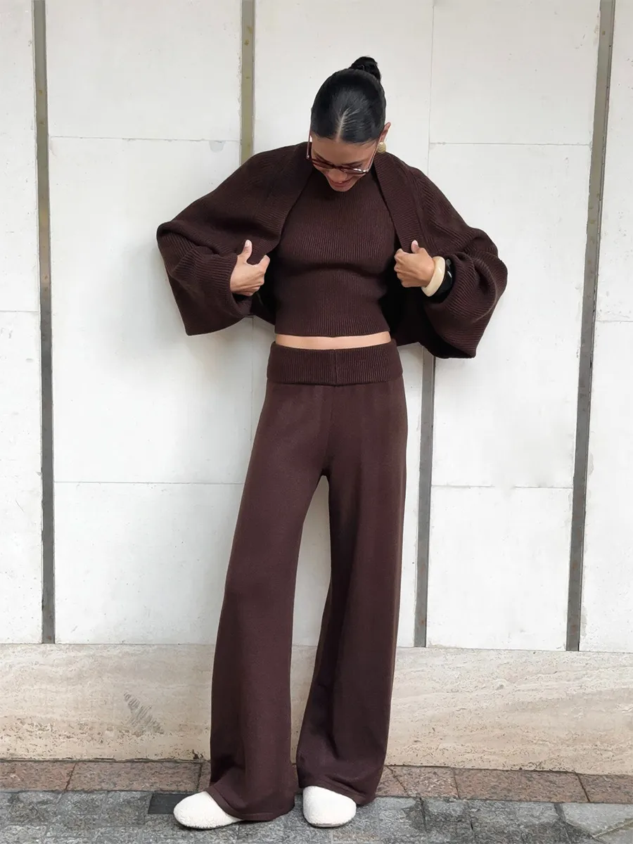 Elegant Solid Color Wide Leg Pants Pant Co-ord Set in Knitted Fabric with Knitted Craft, Featuring Halter Style, 3 Pieces Set
