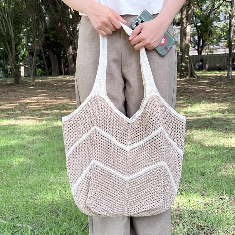 Women’s Splicing Shell Pattern Knit Tote Bag with Braid Design and Single Shoulder Strap