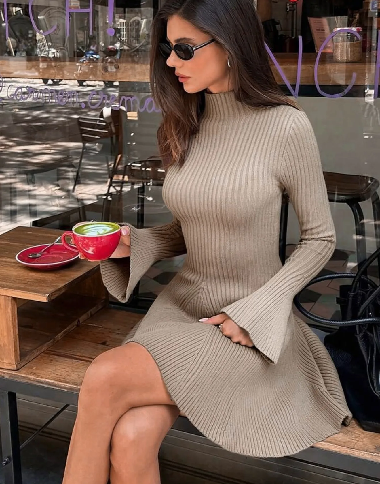 Solid Color Long Sleeve Turtleneck Sweater Dress in Polyester Fabric with Above Knee Length for Streetwear