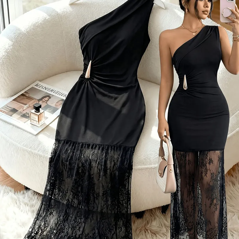 Elegant Solid Color Party Dress with Oblique Collar, Backless Design in Polyester Midi Dress
