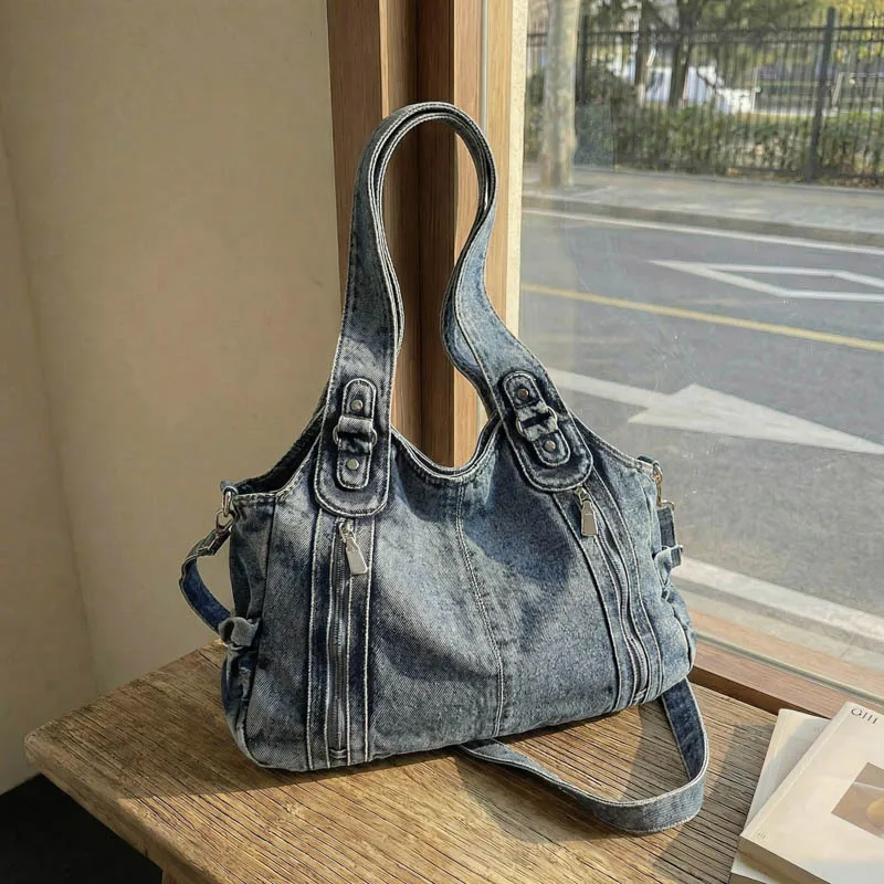 Women’s Square Denim Tote Bag with Sewing Thread Detail, Single Shoulder Strap, Perfect for Spring