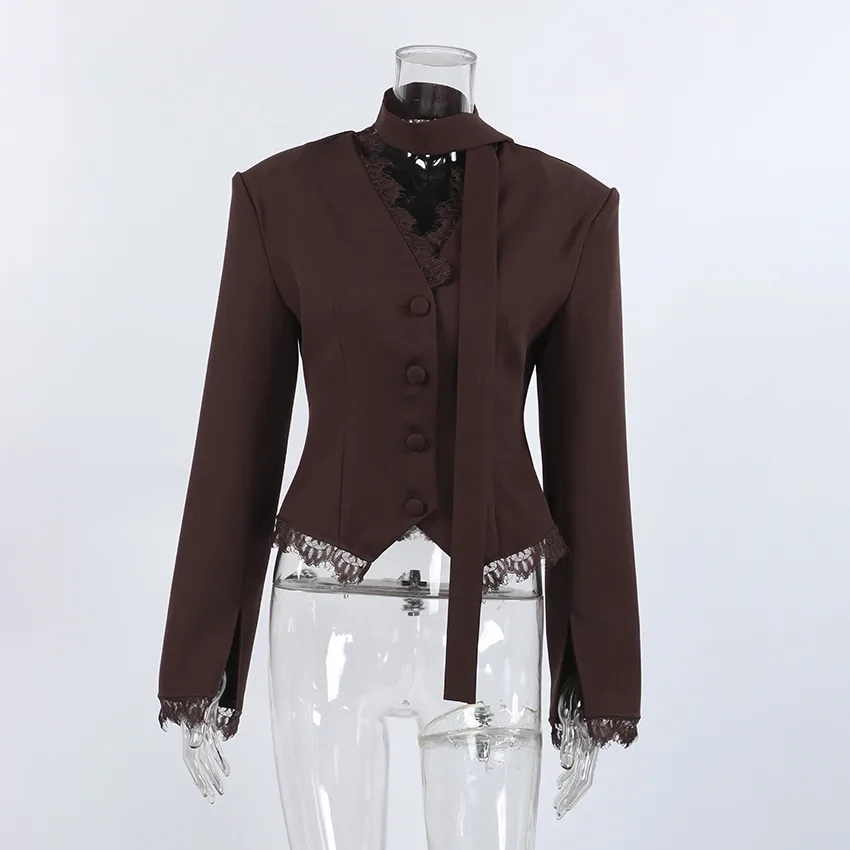 Elegant Lace Long Sleeve Polyester Blazer with Single Breasted Closure
