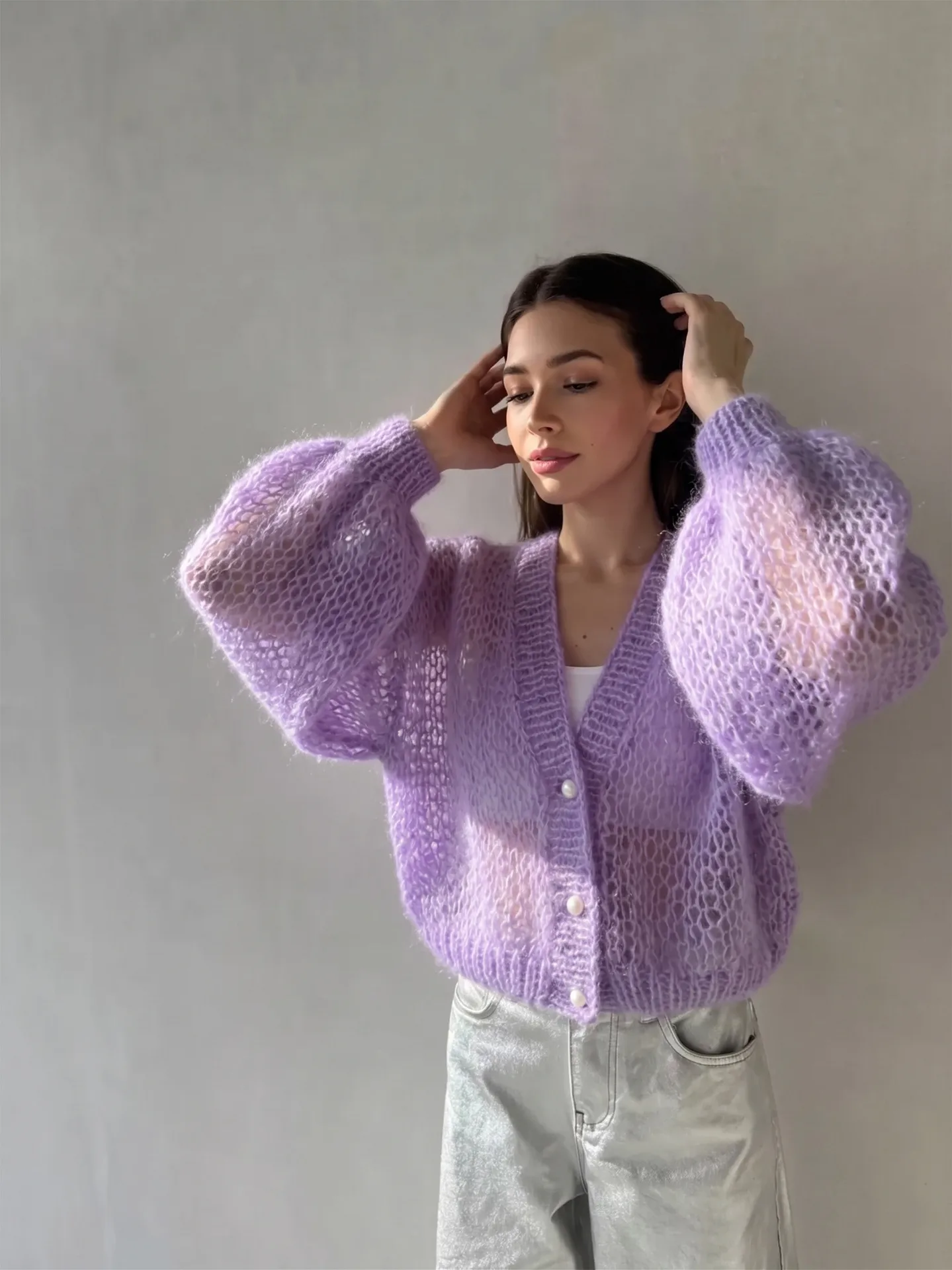 Solid Color Polyester Sweater with Long Sleeves, V Neck, and Single Breasted Closure in Streetwear Style
